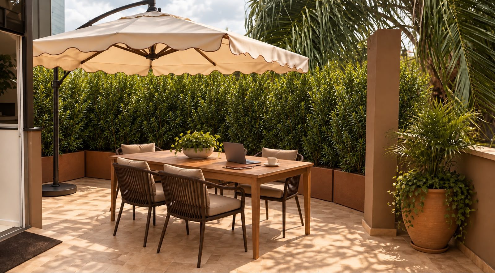 Varanda com mesa de madeira, ombrelone e plantas
