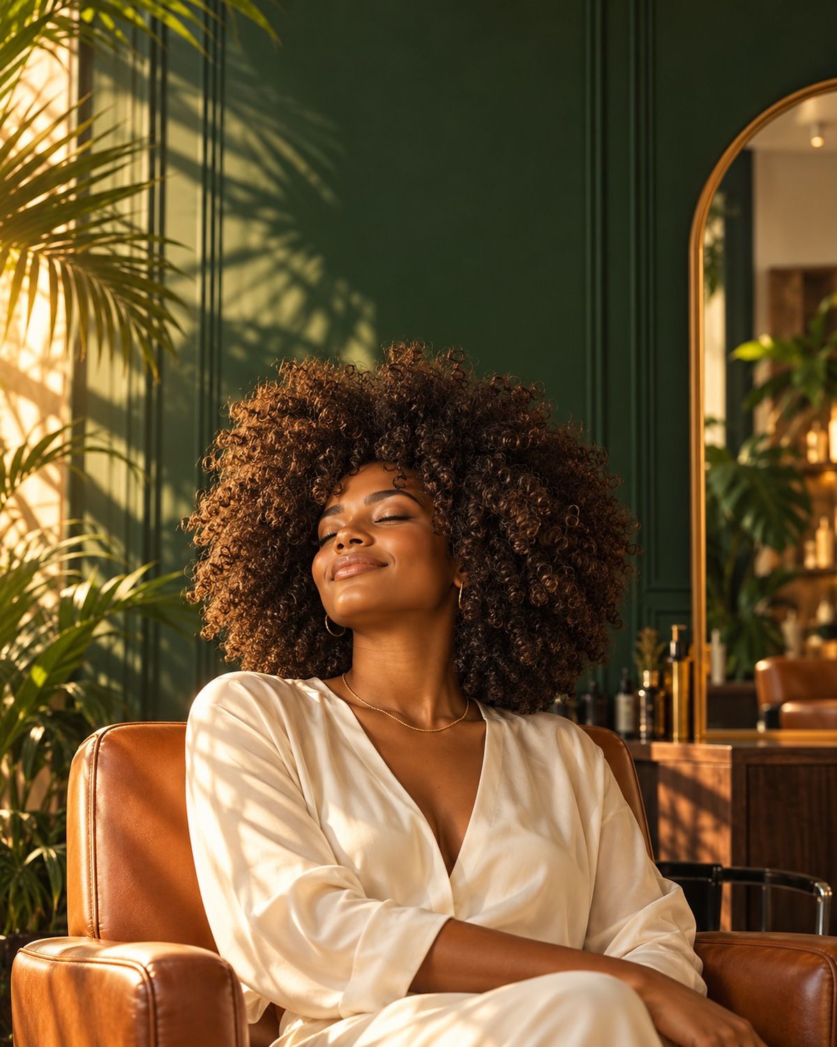 Cliente com cabelo crespo volumoso sorrindo no salão Villa Baobá