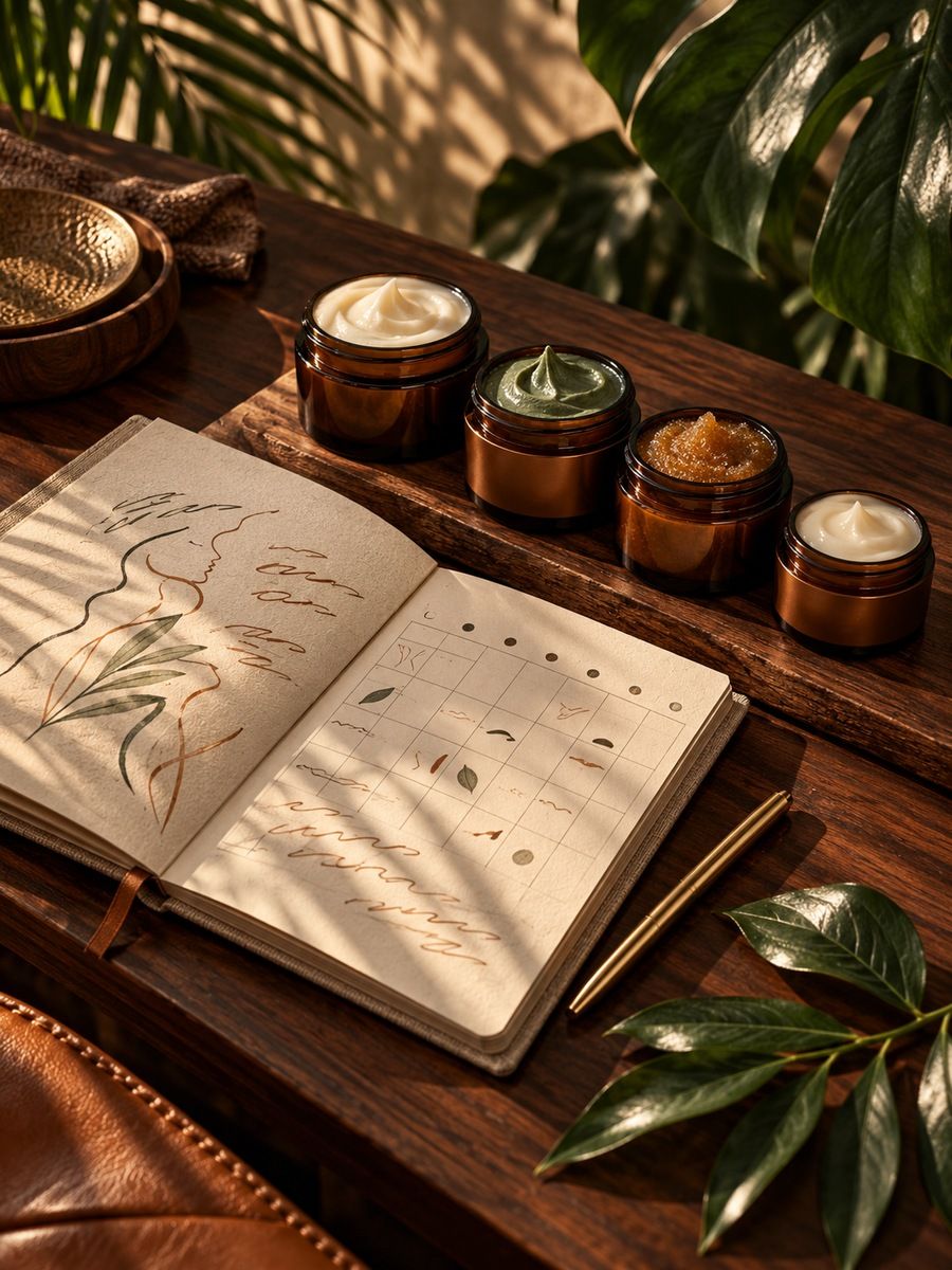Caderno com cronograma capilar ao lado de potes de tratamento