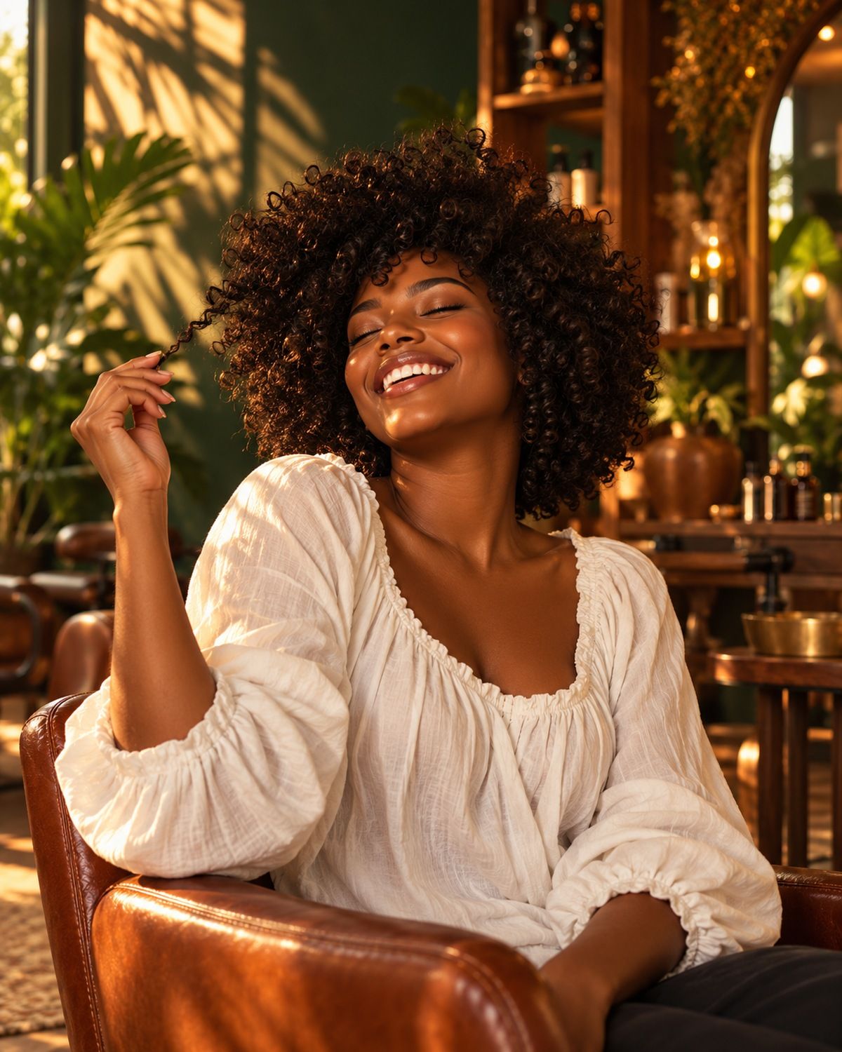 Cliente com cachos volumosos recém-cortados sorrindo